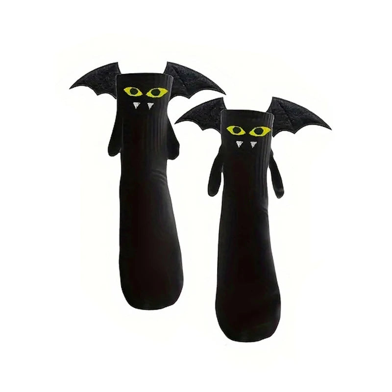 1 Pair Halloween Cartoon Socks Cute Bat Hand Holding Mid-Calf Funny Novelty Socks Spooky Costume Gift for Women Men Party Unisex