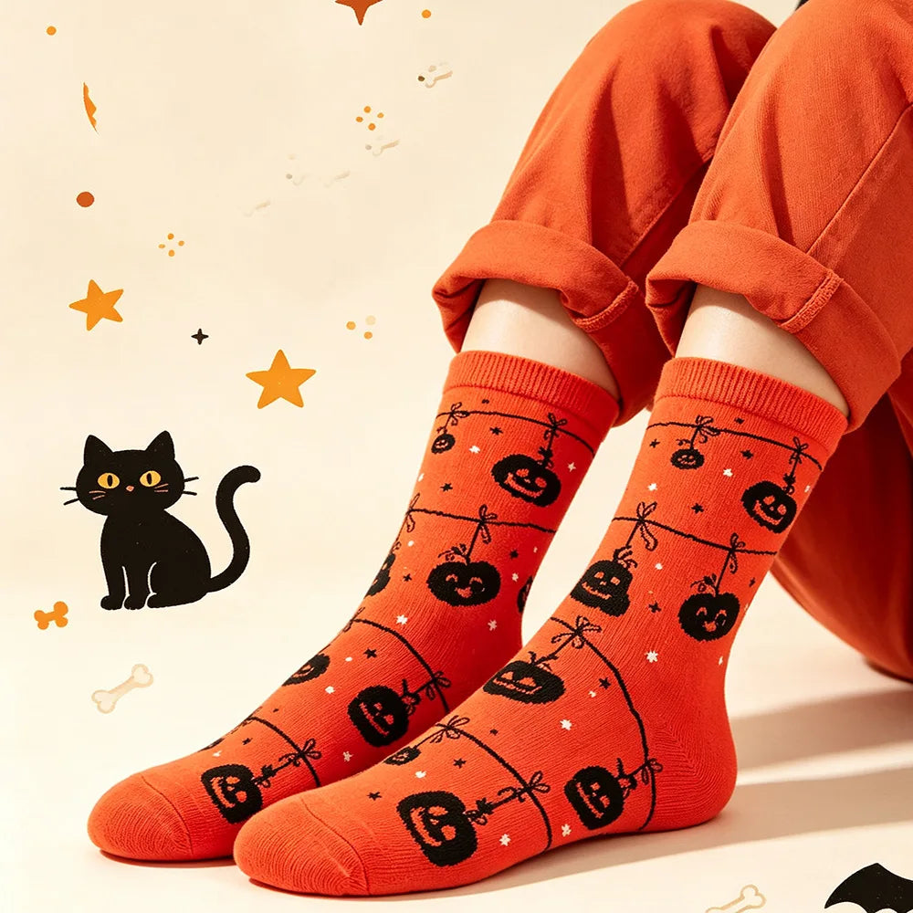 1 Pair of Halloween Casual Socks for Men and Women in Autumn and Winter, Fun Pumpkin Bat Socks, Perfect Gift for Halloween