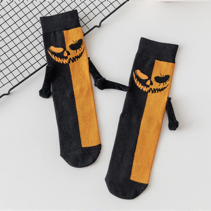 1 Pair Halloween Cartoon Socks Cute Bat Hand Holding Mid-Calf Funny Novelty Socks Spooky Costume Gift for Women Men Party Unisex