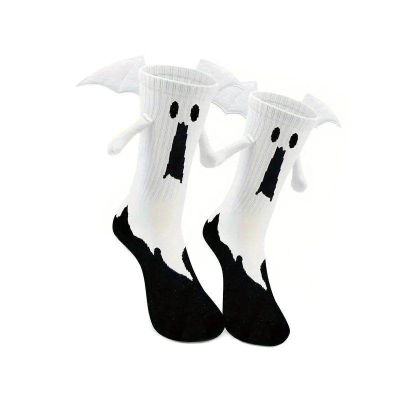 1 Pair Halloween Cartoon Socks Cute Bat Hand Holding Mid-Calf Funny Novelty Socks Spooky Costume Gift for Women Men Party Unisex