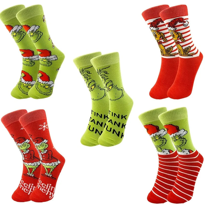 5 Pairs of Novel and Interesting Christmas Cartoon Women's High Socks Breathable Cotton Printed Couple Knitted Gift Socks