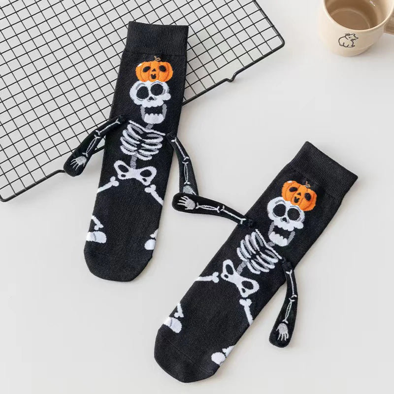 1 Pair Halloween Cartoon Socks Cute Bat Hand Holding Mid-Calf Funny Novelty Socks Spooky Costume Gift for Women Men Party Unisex
