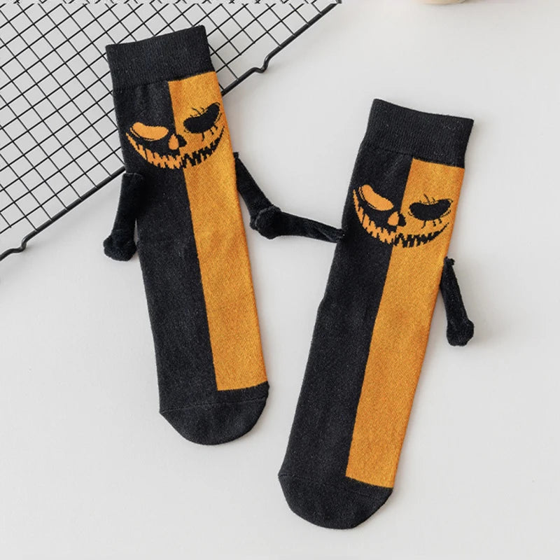 1 Pair Halloween Cartoon Socks Cute Bat Hand Holding Mid-Calf Funny Novelty Socks Spooky Costume Gift for Women Men Party Unisex